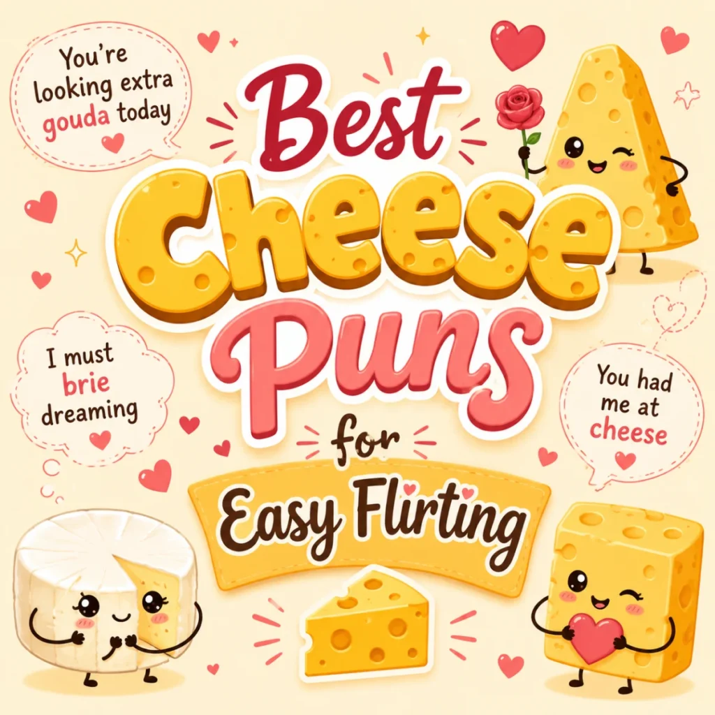 Cute cheese characters with hearts and flirty cheese puns for easy flirting.