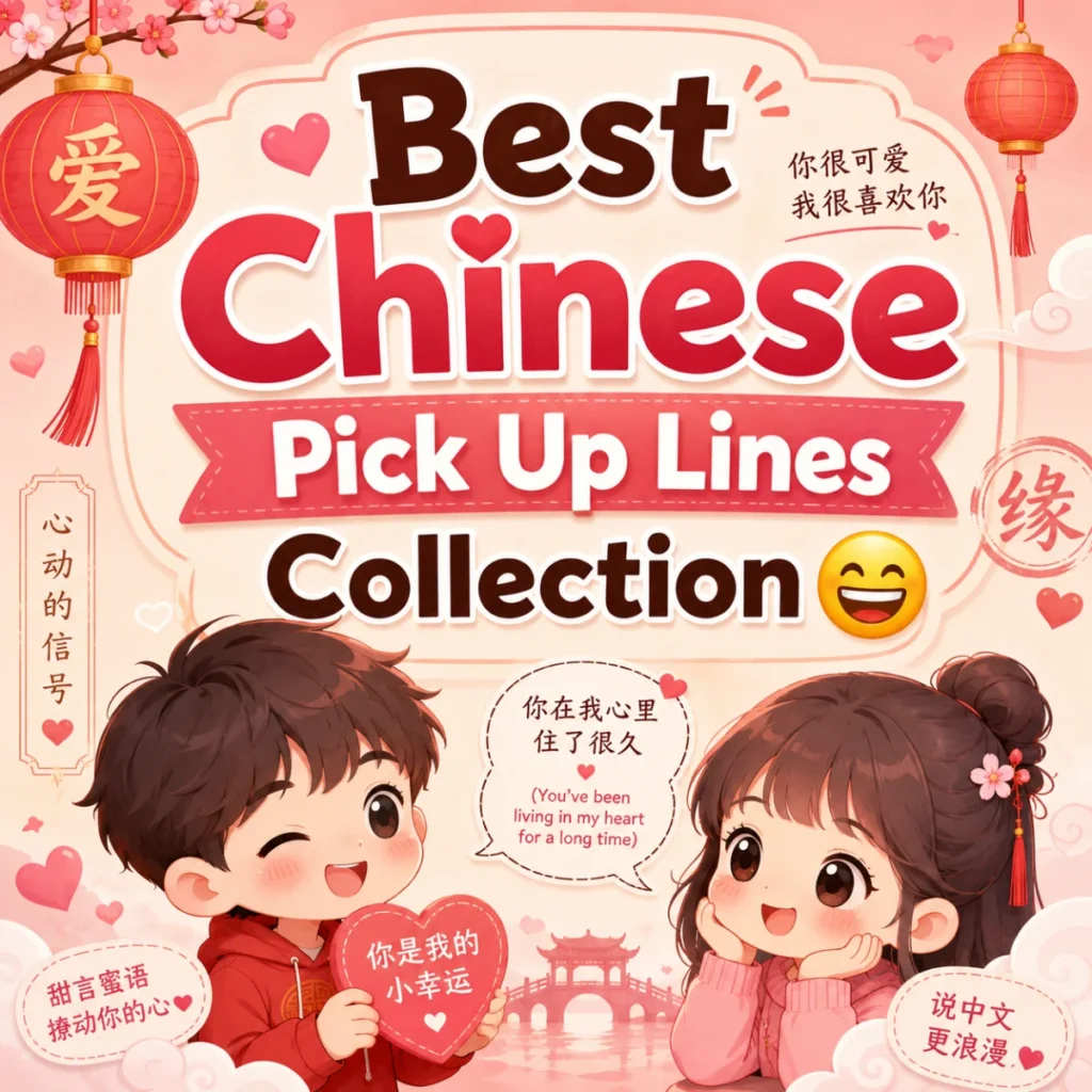 A colorful illustration featuring a smiling couple with Chinese-inspired decorations and bold text reading "Best Chinese Pick Up Lines Collection."