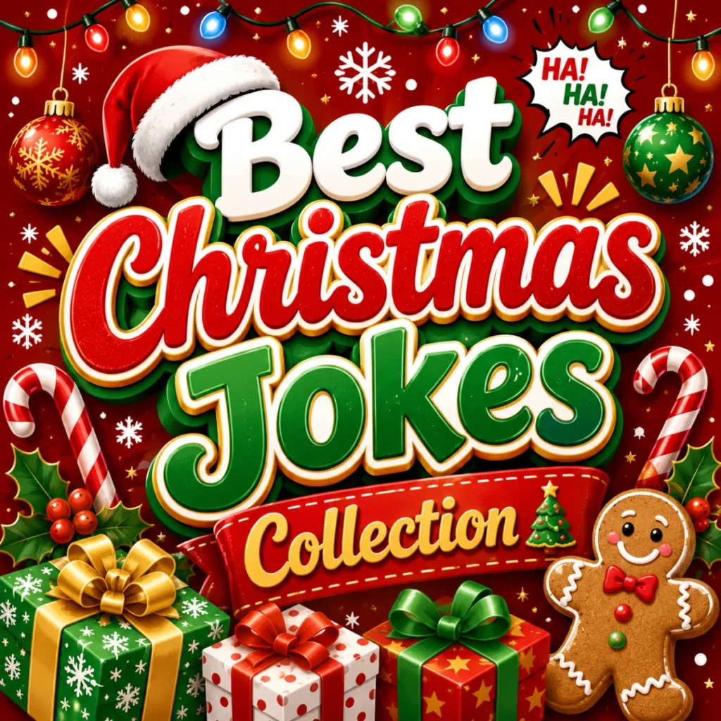 A festive Christmas graphic with bold text reading “Best Christmas Jokes Collection,” decorated with Christmas lights, ornaments, candy canes, wrapped gifts, snowflakes, and a smiling gingerbread man.