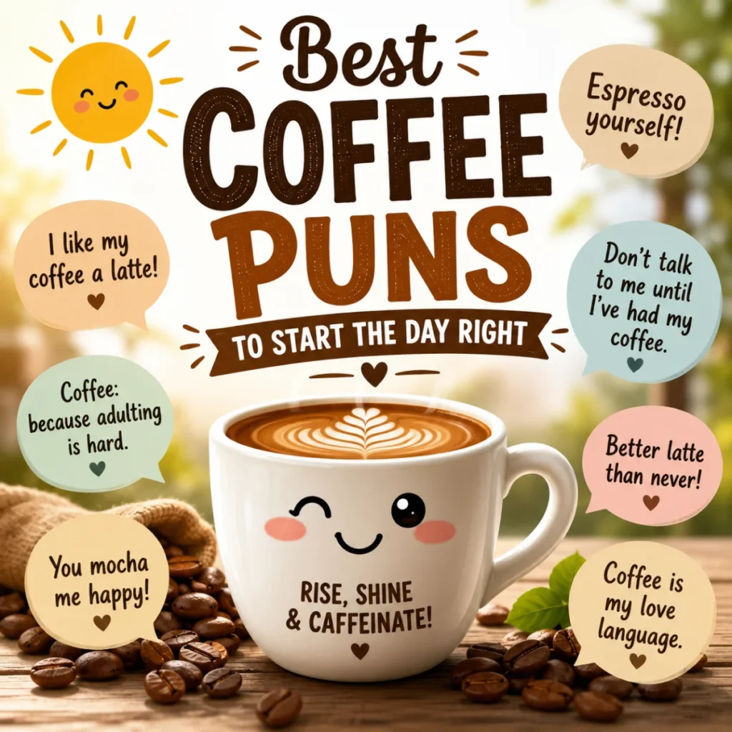 A cheerful cup of hot coffee with latte art, coffee beans, and a bright morning background representing the best coffee puns to start the day right.