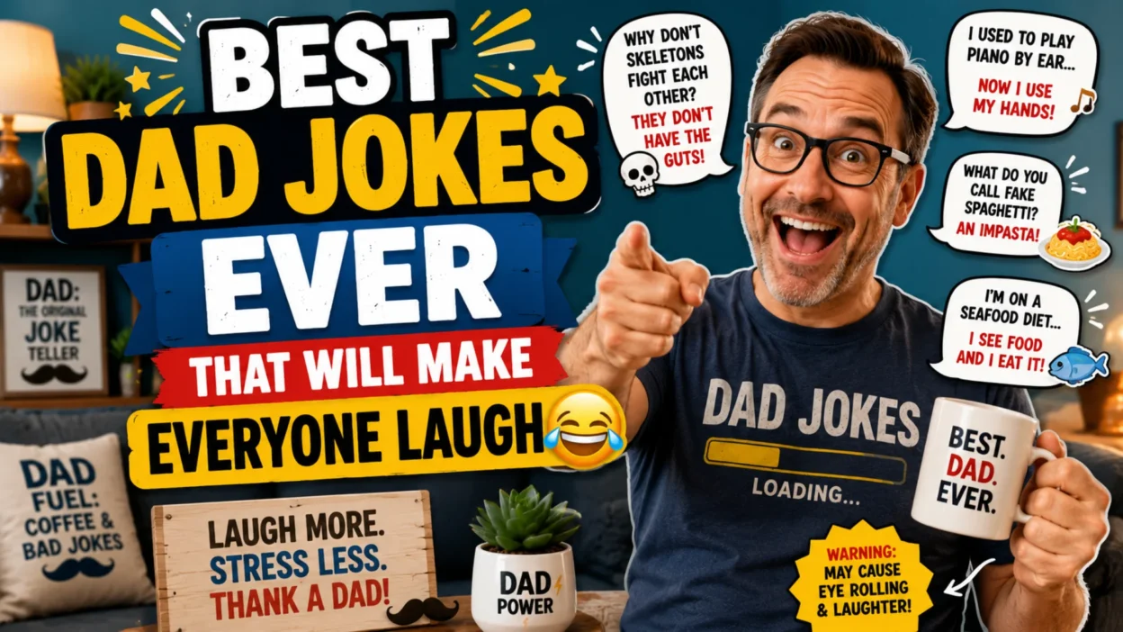 Smiling dad holding a mug with colorful comic-style text featuring the best dad jokes ever, surrounded by funny speech bubbles and classic dad humor.