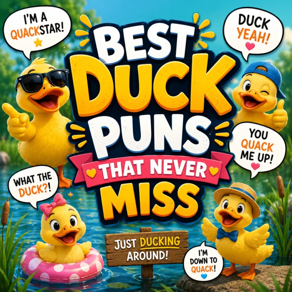 A fun square illustration of adorable yellow cartoon ducks with humorous speech bubbles and bold text reading "Best Duck Puns That Never Miss" beside a peaceful pond.