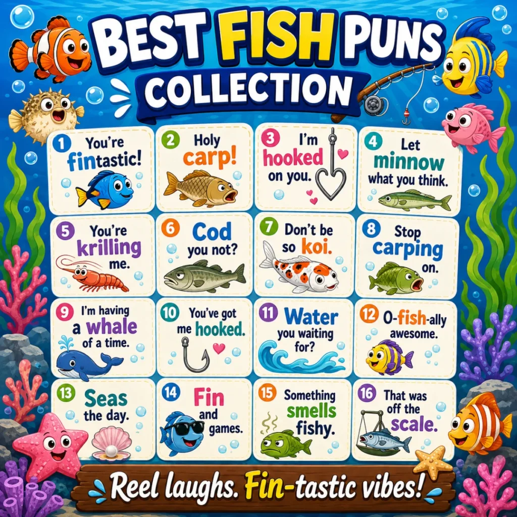 Colorful underwater infographic titled “Best Fish Puns Collection,” featuring cartoon fish, bubbles, coral, seaweed, starfish, a fishing rod, and funny fish-themed puns.