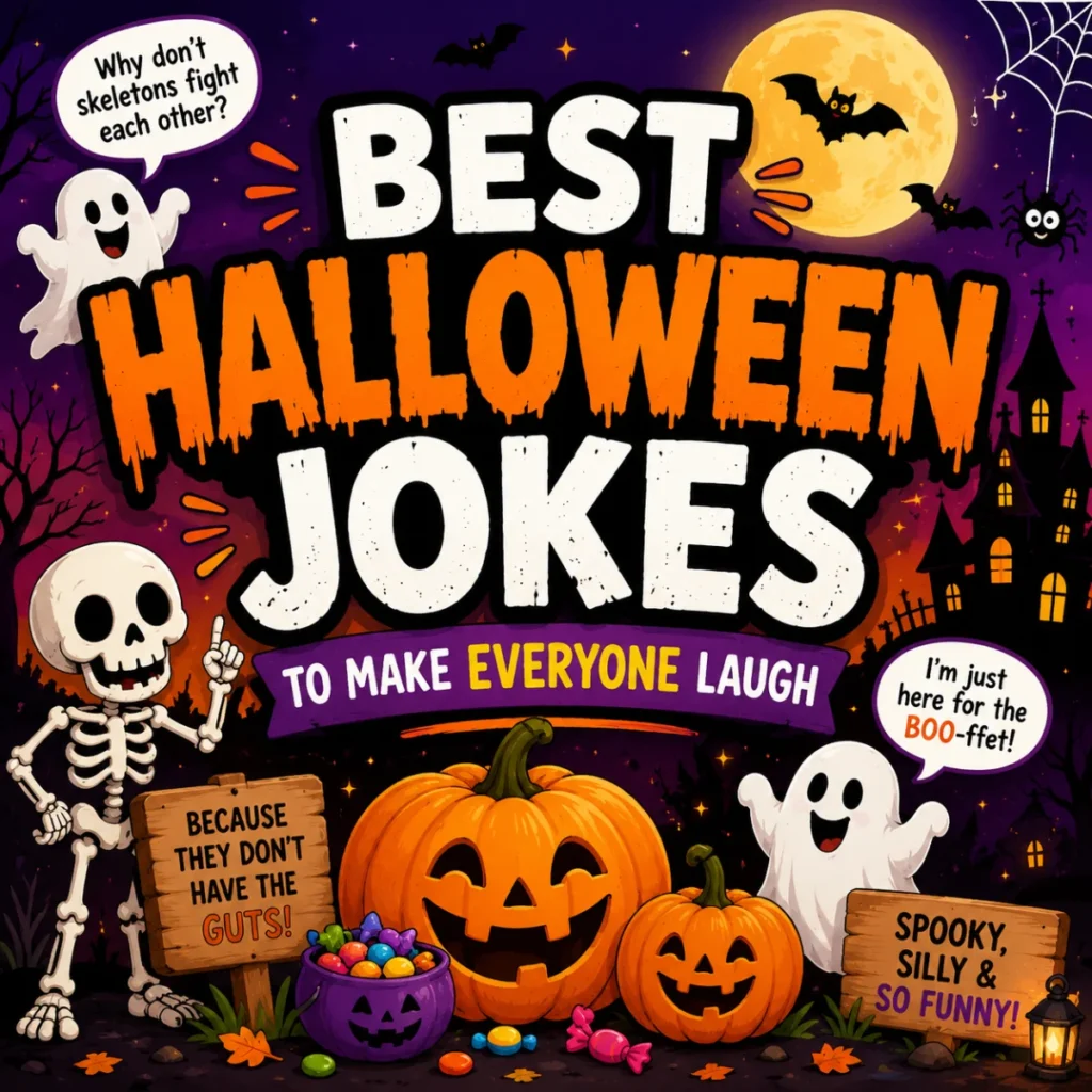 Best Halloween jokes illustration featuring smiling pumpkins, friendly ghosts, a skeleton, bats, candy, and a spooky haunted house.