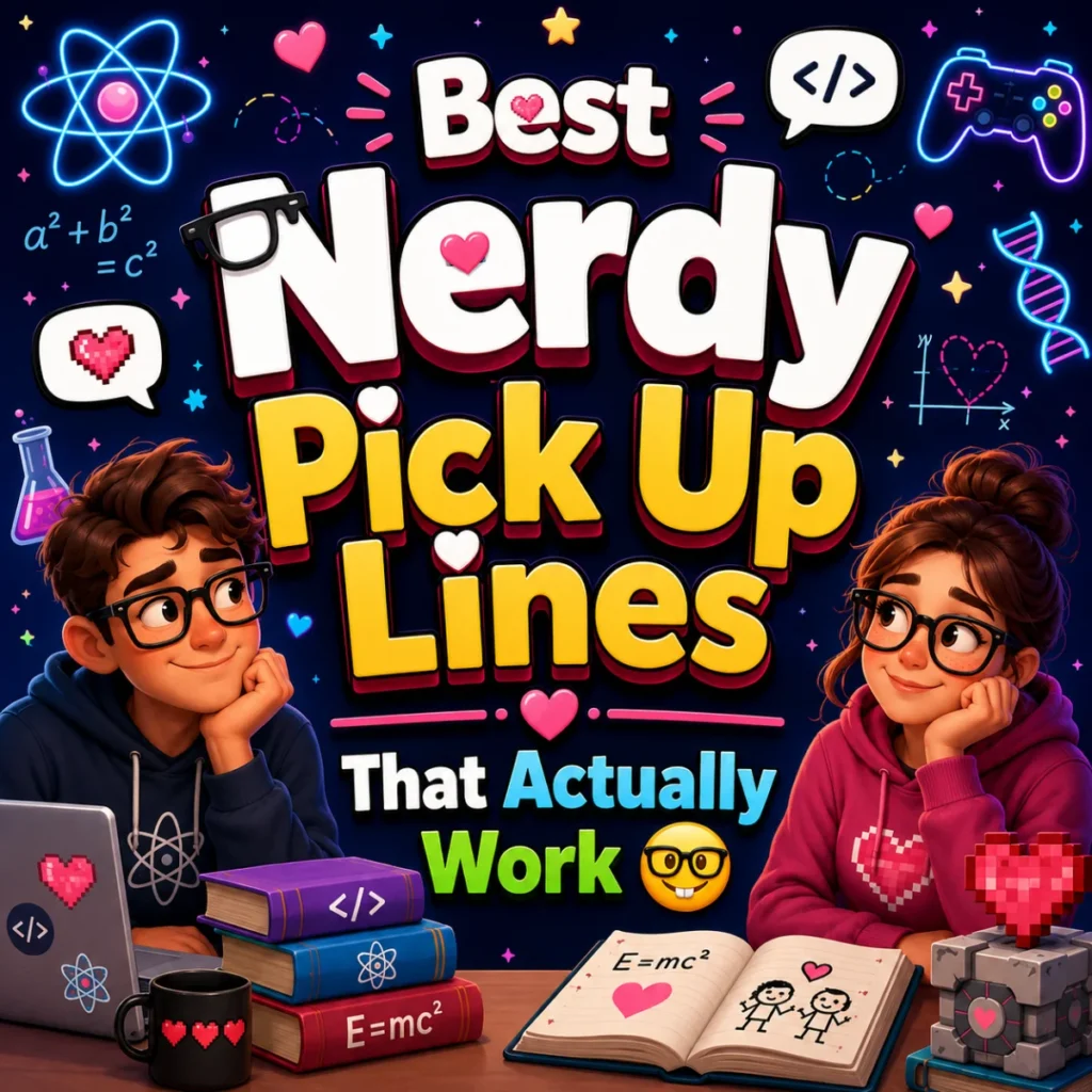Geek-themed graphic featuring the best nerdy pick up lines with science, coding, gaming, and math-inspired illustrations in a colorful, playful design.