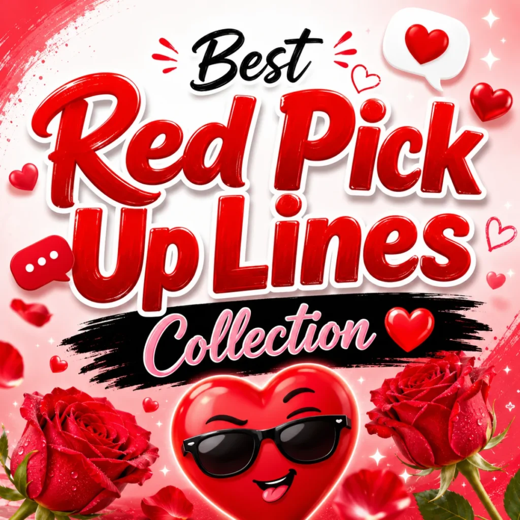 Romantic red-themed illustration featuring a smiling couple, red hearts, and playful pick up lines for a fun and flirty dating collection.