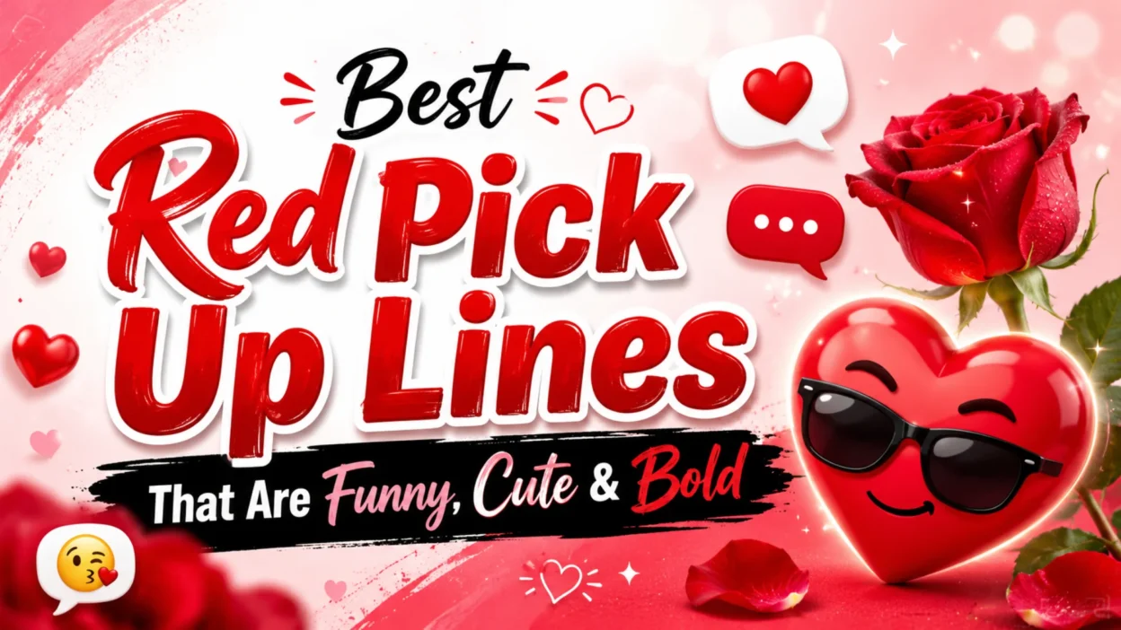 Couple smiling with romantic red hearts and playful red pick up lines illustration for a funny, cute, and bold dating theme.