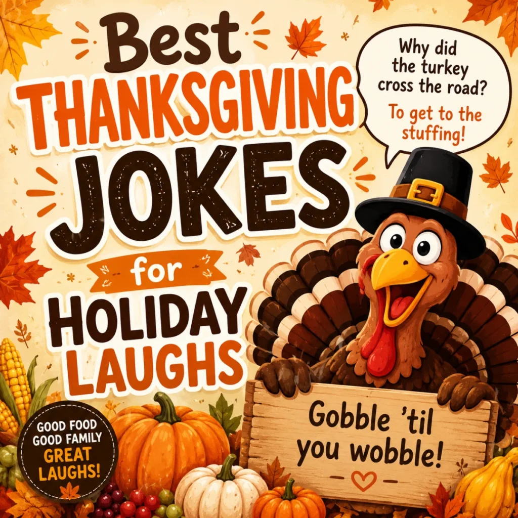 Smiling cartoon turkey wearing a pilgrim hat surrounded by pumpkins, autumn leaves, and festive decorations with the text "Best Thanksgiving Jokes for Holiday Laughs."
