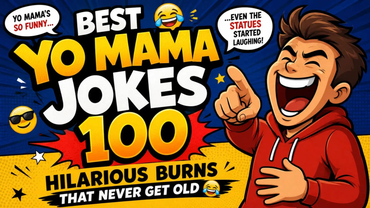 Best Yo Mama Jokes 100 featured image with a laughing cartoon character and colorful comic-style design showcasing hilarious yo mama jokes.
