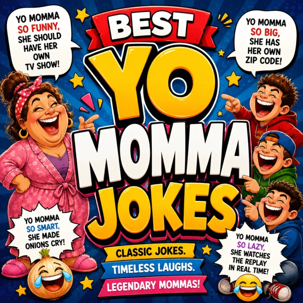 A colorful square cartoon illustration featuring bold "Best Yo Momma Jokes" text with laughing characters, comic speech bubbles, and a fun comic-style background.