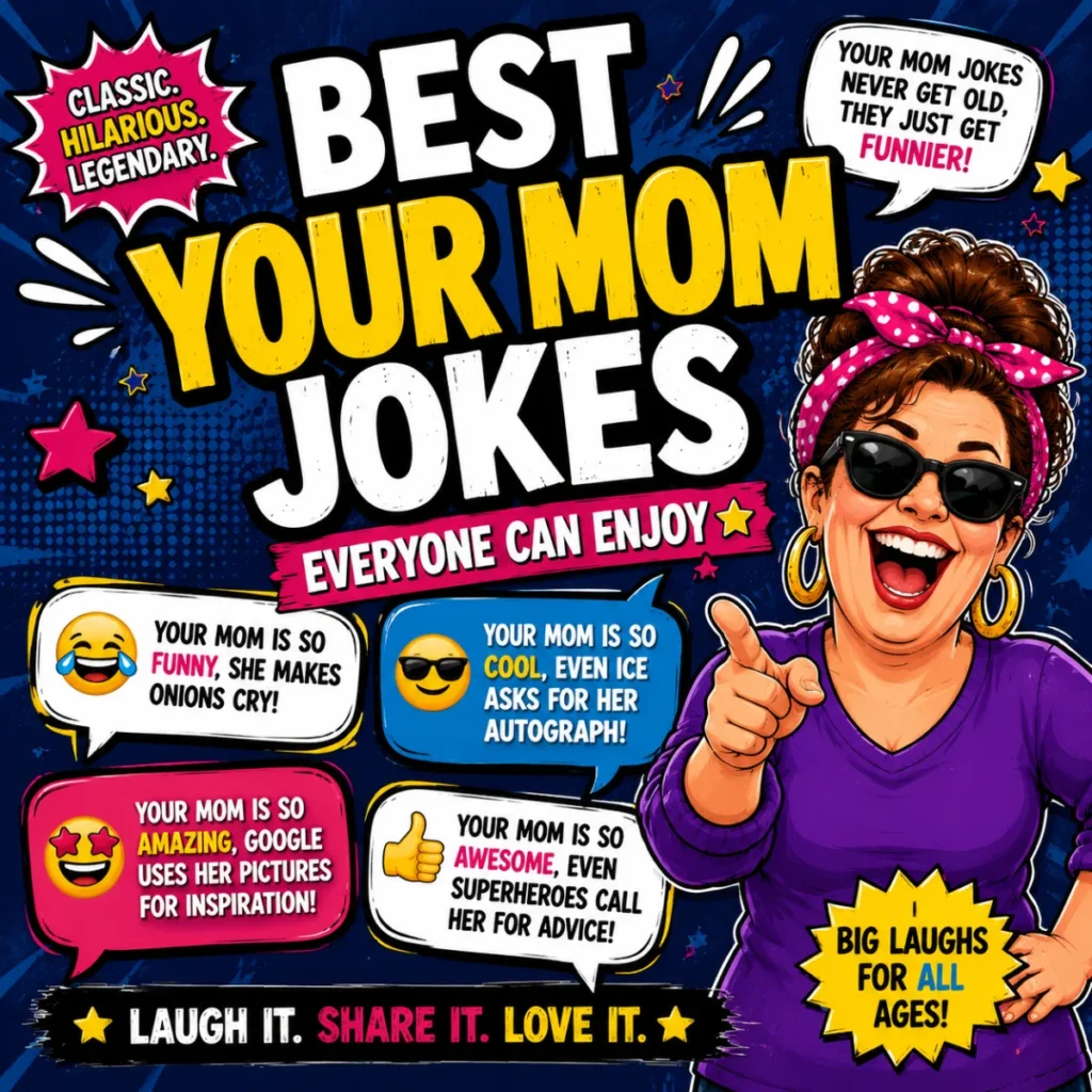 Best Your Mom Jokes Everyone Can Enjoy graphic featuring a smiling cartoon mom, colorful comic speech bubbles, and fun family-friendly "Your Mom" jokes on a vibrant blue background.