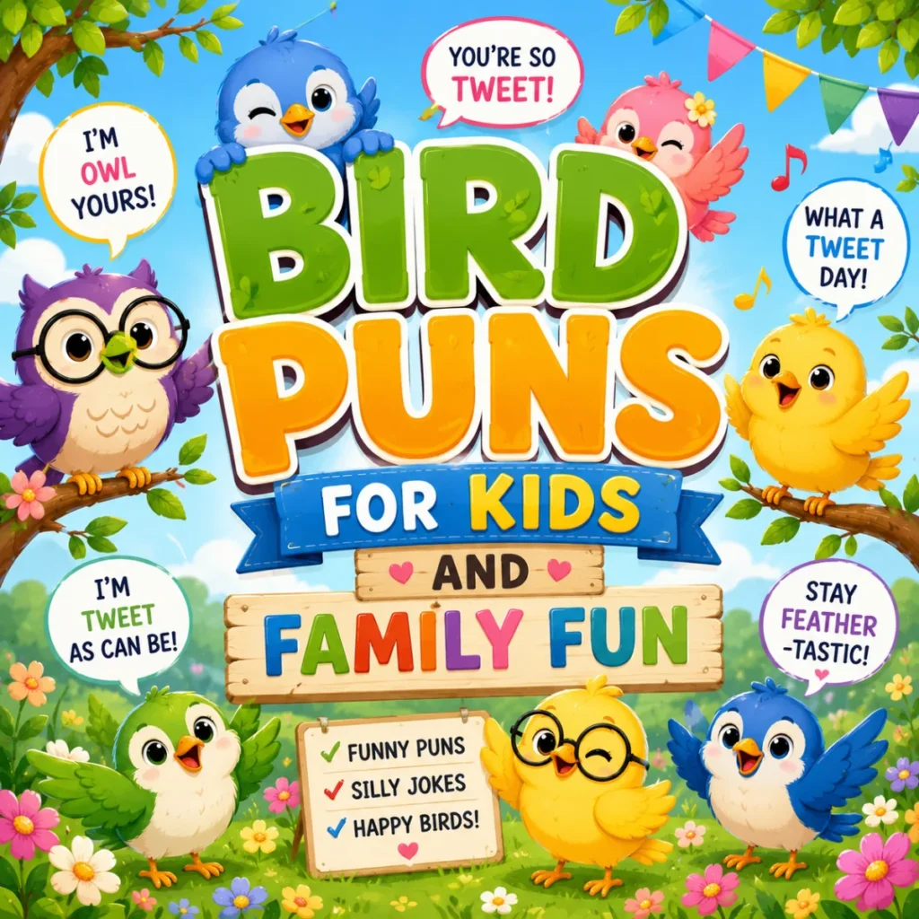 Bird puns for kids illustration featuring adorable cartoon birds, colorful flowers, and playful family-friendly comic text in a bright outdoor scene.