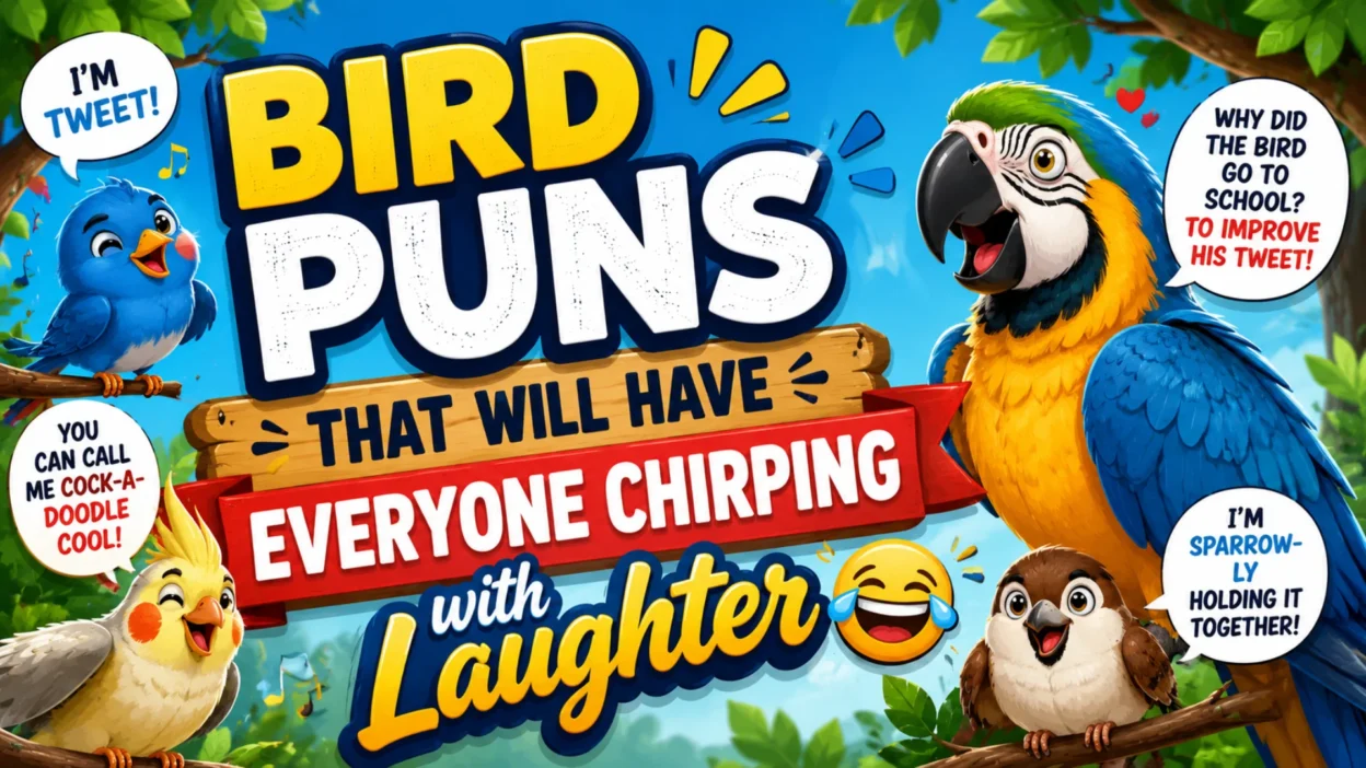 Bird puns illustration featuring colorful cartoon birds laughing with playful comic-style text on a bright nature background.