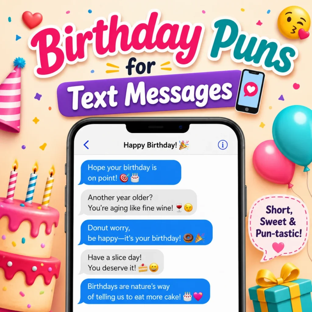 Birthday puns for text messages featuring a smartphone with funny birthday texts, colorful balloons, cake, confetti, and festive party decorations in a bright square design.