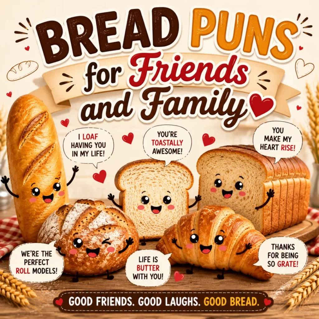 Bread Puns for Friends and Family featuring cute cartoon bread, baguette, toast, and croissant characters sharing funny bakery jokes in a colorful square illustration.