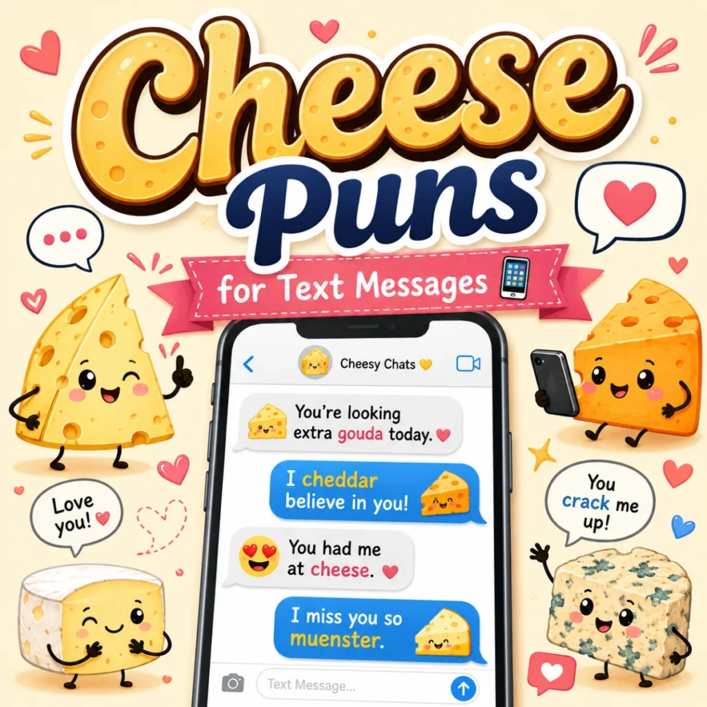 Cute cartoon cheese characters surrounding a smartphone filled with funny and flirty cheese pun text messages.