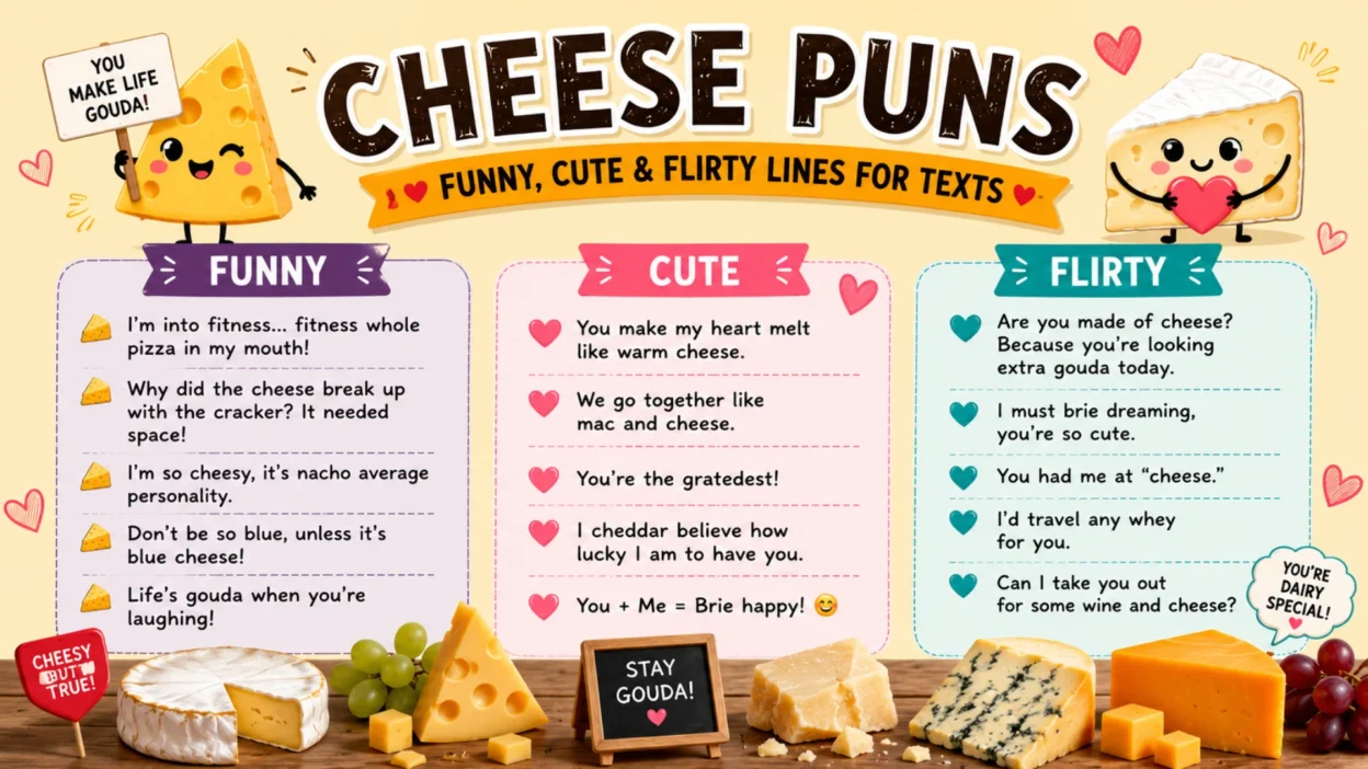Colorful cheese puns graphic featuring funny, cute, and flirty cheese lines with cartoon cheese characters.