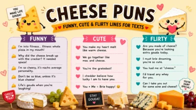 Colorful cheese puns graphic featuring funny, cute, and flirty cheese lines with cartoon cheese characters.