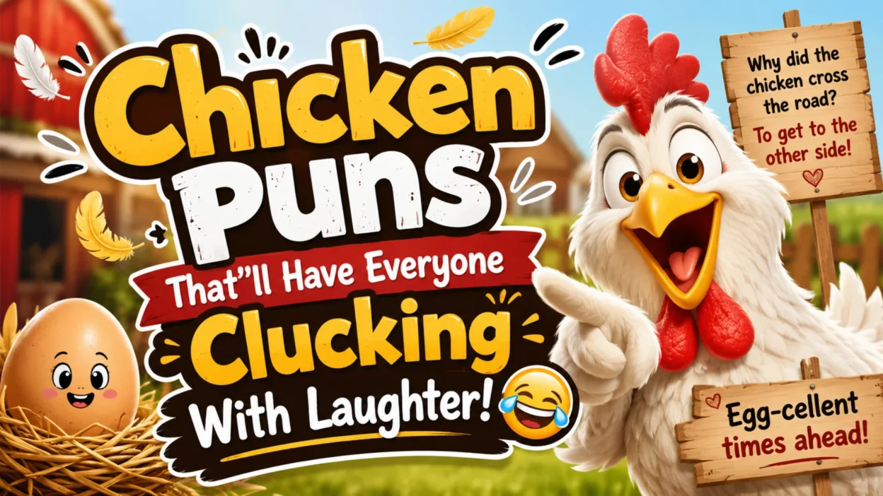 A cheerful cartoon chicken laughing on a sunny farm beside a smiling egg, promoting funny chicken puns with colorful playful typography.