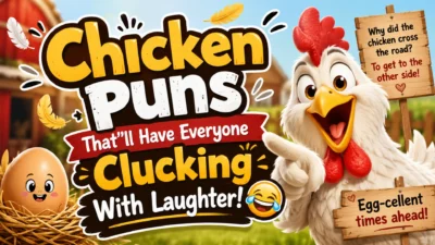 A cheerful cartoon chicken laughing on a sunny farm beside a smiling egg, promoting funny chicken puns with colorful playful typography.