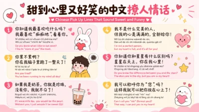 A romantic illustration featuring a smiling couple with Chinese-inspired elements, hearts, lanterns, and the title "Chinese Pick Up Lines That Sound Sweet and Funny."