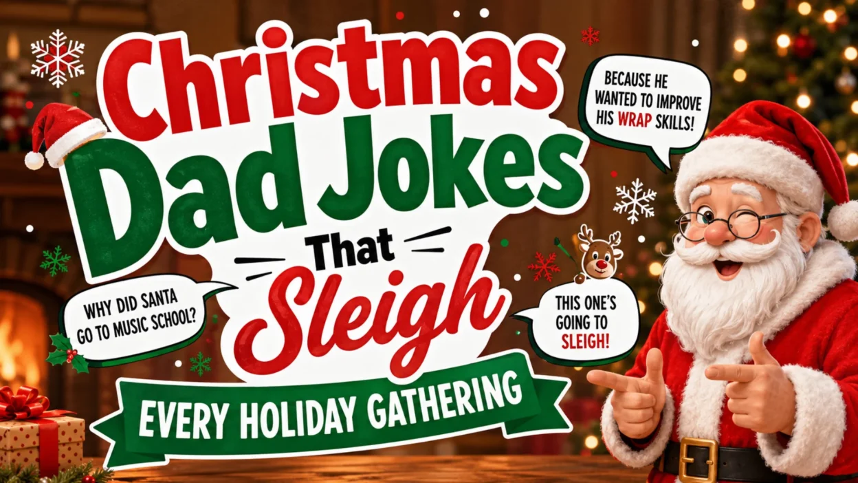 A festive Christmas illustration featuring a cheerful Santa Claus, holiday decorations, Christmas tree, gifts, and bold text reading "Christmas Dad Jokes That Sleigh Every Holiday Gathering" in a cozy winter setting.