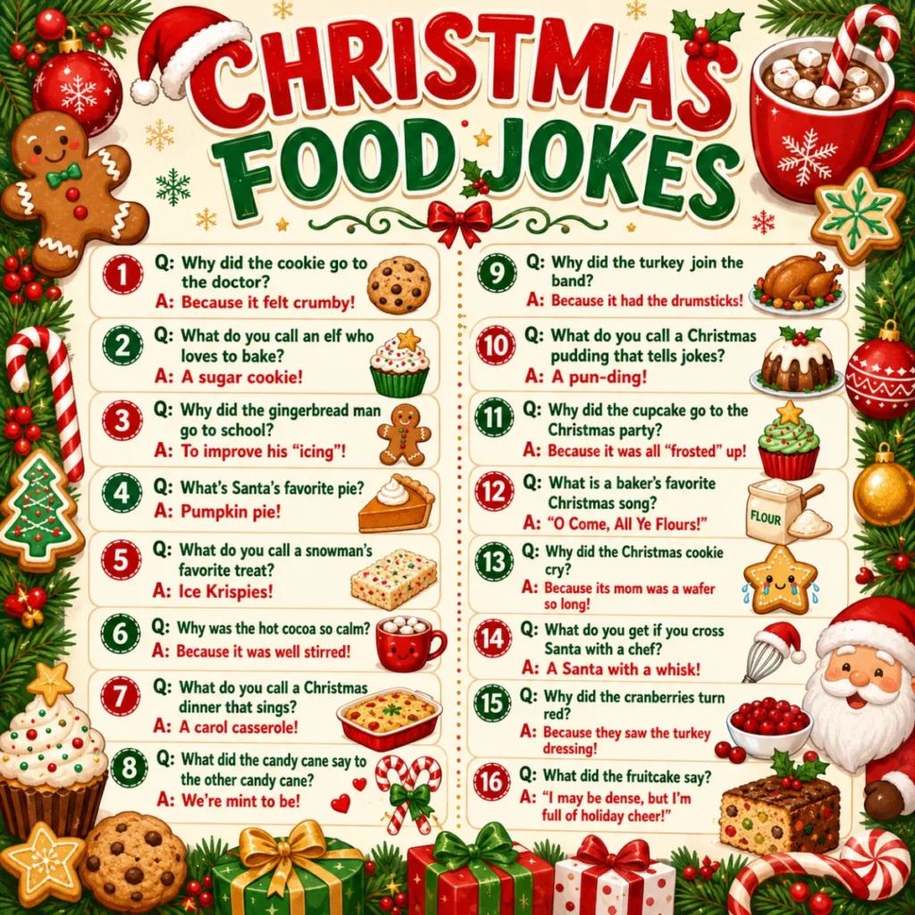 Festive Christmas food jokes infographic featuring cookies, gingerbread, candy canes, hot cocoa, cupcakes, turkey, pudding, Santa, holiday gifts, and funny Christmas food Q&A jokes.