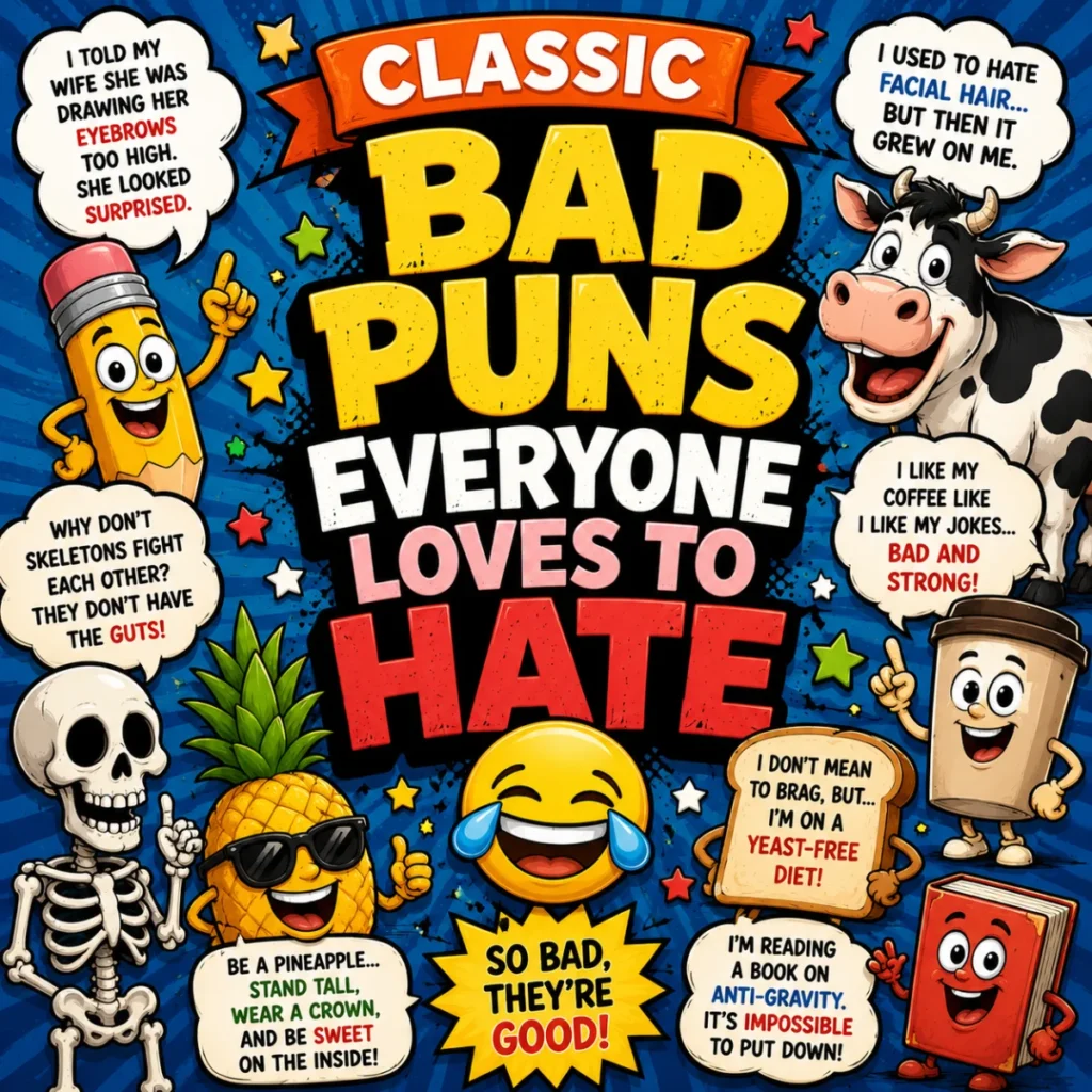 A colorful square cartoon illustration featuring funny characters, comic speech bubbles, and bold text reading "Classic Bad Puns Everyone Loves to Hate."