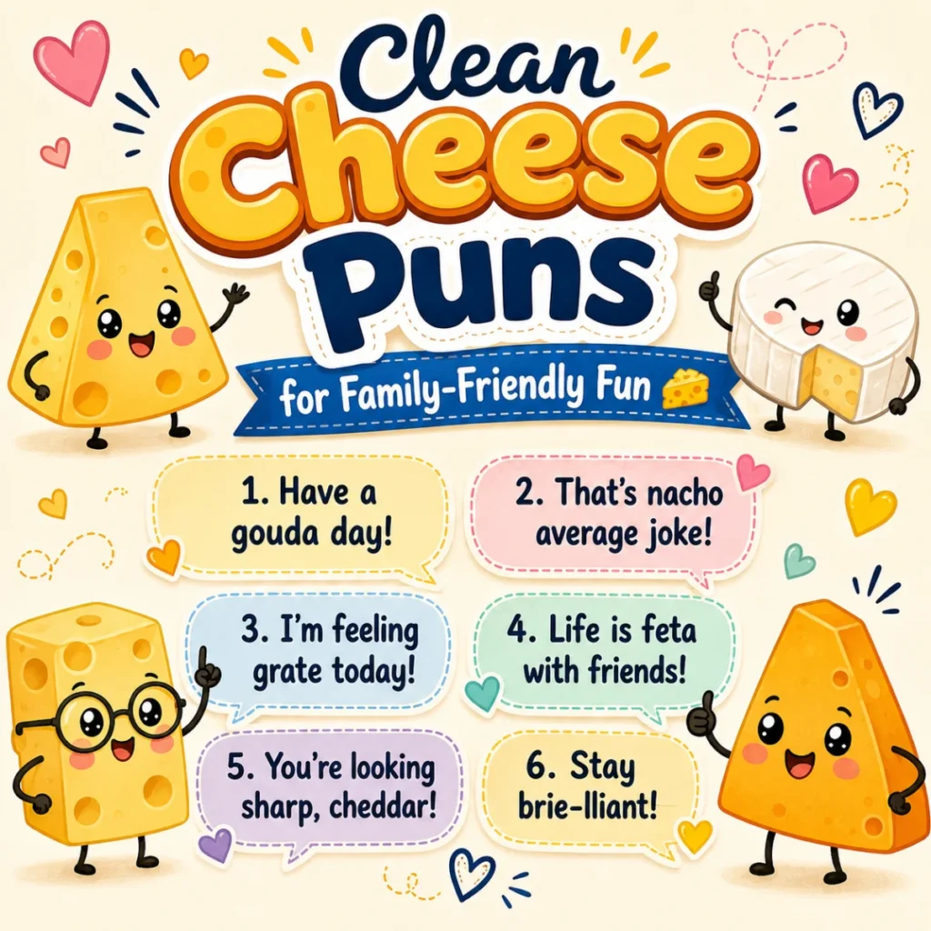 Cute cartoon cheese characters with clean, family-friendly cheese puns in colorful speech bubbles.