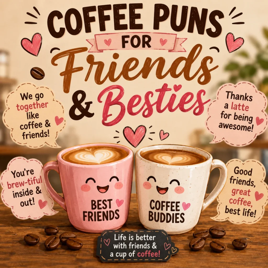 Coffee puns for friends and besties featuring two cute smiling coffee mugs with funny friendship quotes and cozy café vibes.
