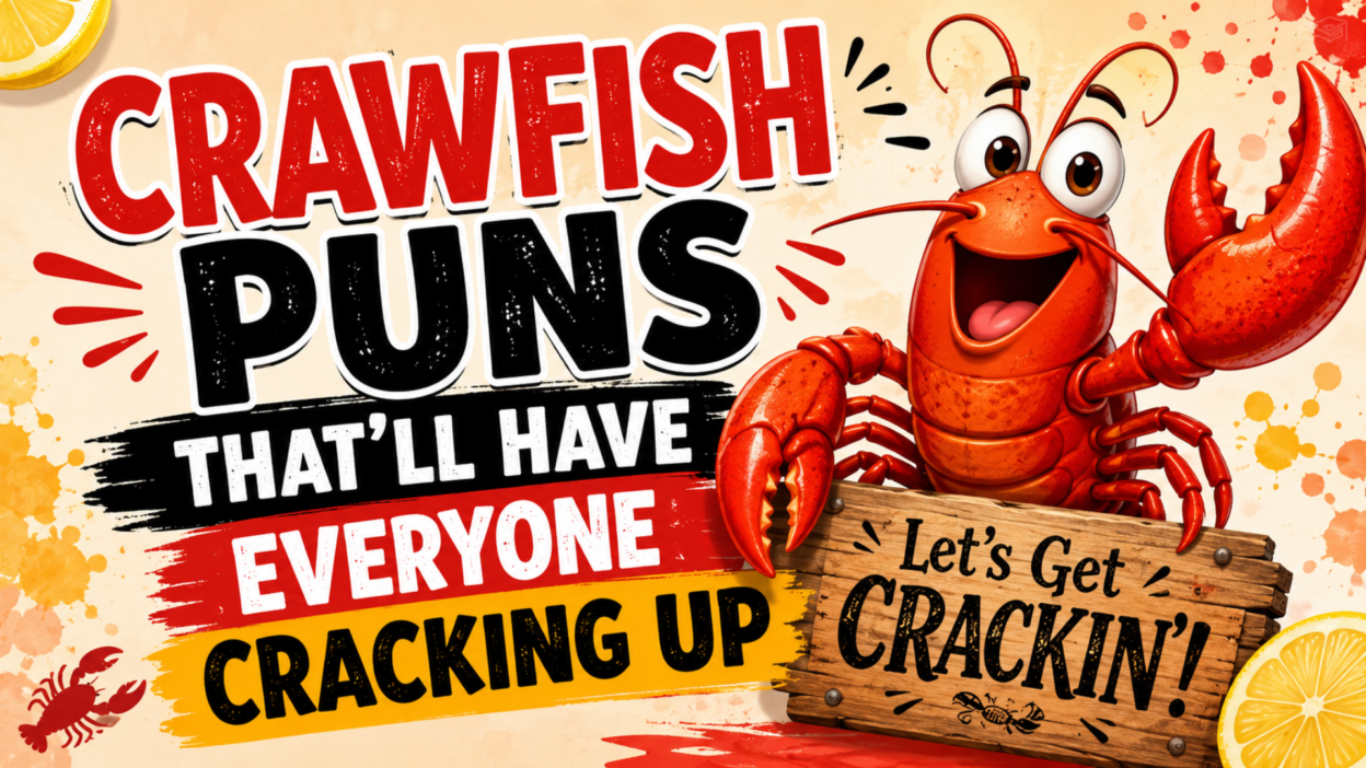 Funny crawfish puns illustration featuring a smiling red crawfish with bold text that says "Crawfish Puns That'll Have Everyone Cracking Up" on a colorful seafood-themed background.