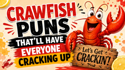 Funny crawfish puns illustration featuring a smiling red crawfish with bold text that says "Crawfish Puns That'll Have Everyone Cracking Up" on a colorful seafood-themed background.