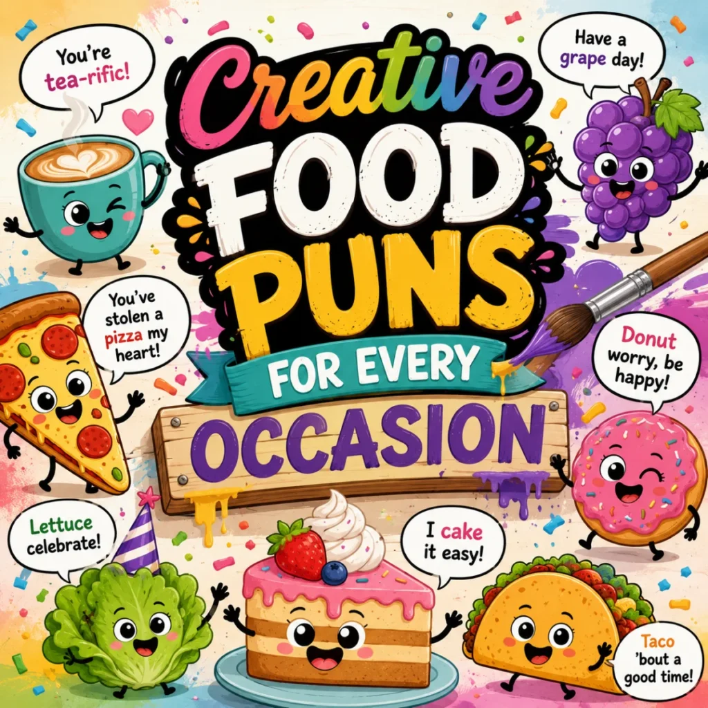 Creative Food Puns for Every Occasion featuring cute cartoon coffee, pizza, cake, donut, taco, grapes, and lettuce characters with funny food wordplay