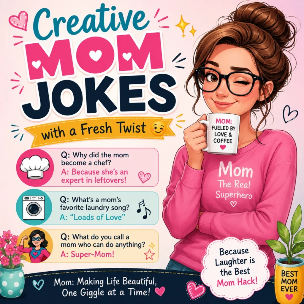 Colorful square graphic featuring a smiling cartoon mom with coffee and playful creative mom jokes in a fun, family-friendly design.