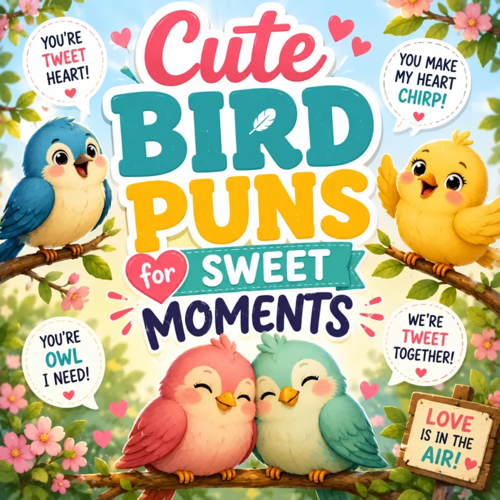 Cute bird puns illustration featuring adorable cartoon birds cuddling on tree branches with hearts, flowers, and a cheerful pastel background.