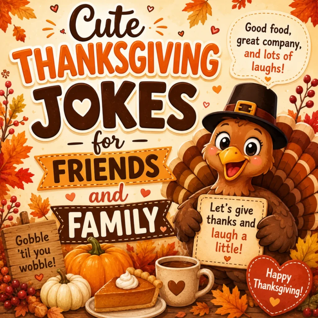 Cute cartoon turkey wearing a pilgrim hat surrounded by pumpkins, autumn leaves, pie, and coffee with the text "Cute Thanksgiving Jokes for Friends and Family."