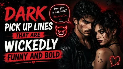 Dark pick up lines that are wickedly funny and bold with a mysterious couple in a dramatic black and red theme.
