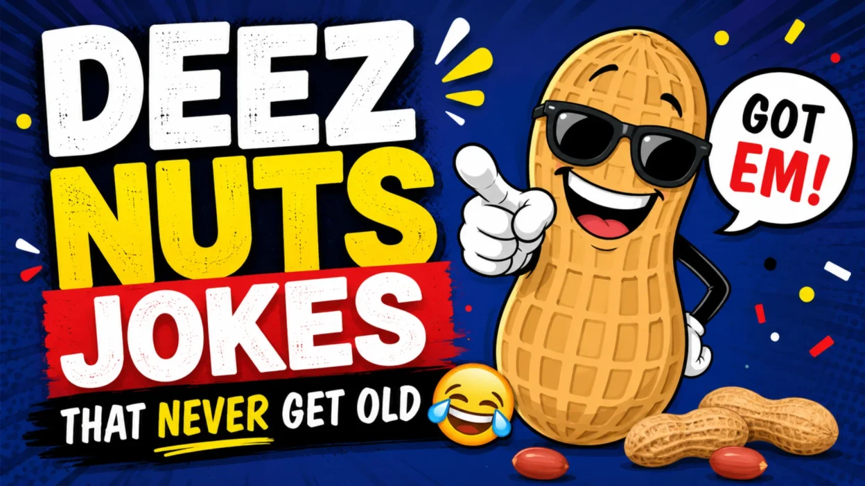 Deez Nuts Jokes That Never Get Old with a funny cartoon peanut wearing sunglasses and laughing on a colorful comic-style background.