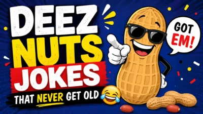 Deez Nuts Jokes That Never Get Old with a funny cartoon peanut wearing sunglasses and laughing on a colorful comic-style background.