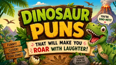 Happy cartoon T-Rex in a prehistoric jungle with the text "Dinosaur Puns That Will Make You Roar With Laughter" in a colorful 1920×1080 banner.