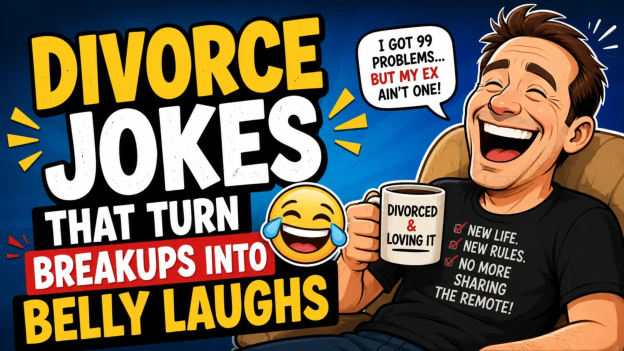Funny cartoon-style banner featuring a laughing divorced man holding a coffee mug with bold text reading "Divorce Jokes That Turn Breakups Into Belly Laughs" on a bright blue background.