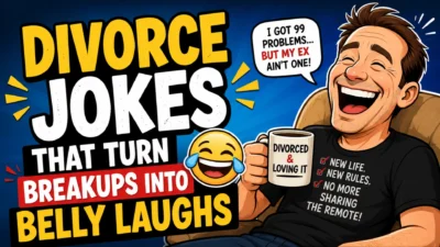 Funny cartoon-style banner featuring a laughing divorced man holding a coffee mug with bold text reading "Divorce Jokes That Turn Breakups Into Belly Laughs" on a bright blue background.
