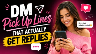 DM Pick Up Lines That Actually Get Replies featuring a smiling woman texting on her smartphone with social media chat icons and romantic message graphics.