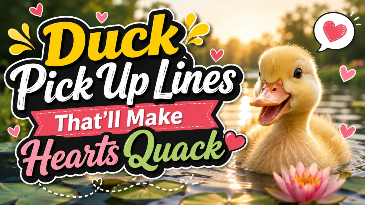 Duck pick up lines hero image featuring a cute duck with romantic hearts and playful quack-themed flirting text.