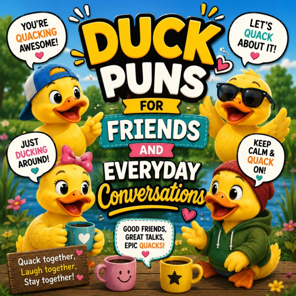 A colorful square illustration of cute cartoon ducks chatting with funny speech bubbles and the title "Duck Puns for Friends and Everyday Conversations" in bold lettering.