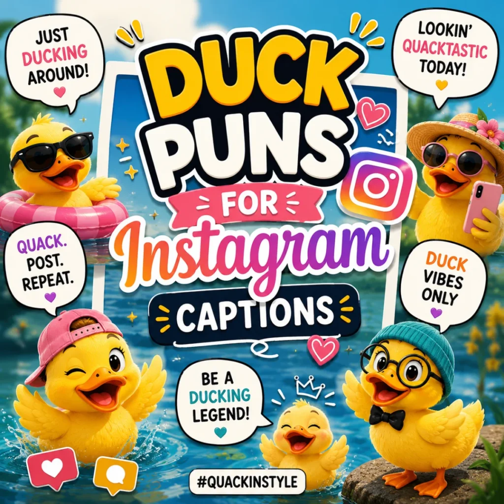 A colorful square illustration featuring cute cartoon ducks with Instagram-inspired graphics and bold text reading "Duck Puns for Instagram Captions" beside a sunny pond.