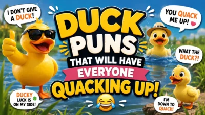 A colorful cartoon illustration of cheerful yellow ducks with funny speech bubbles and the text "Duck Puns That Will Have Everyone Quacking Up" on a bright pond background.
