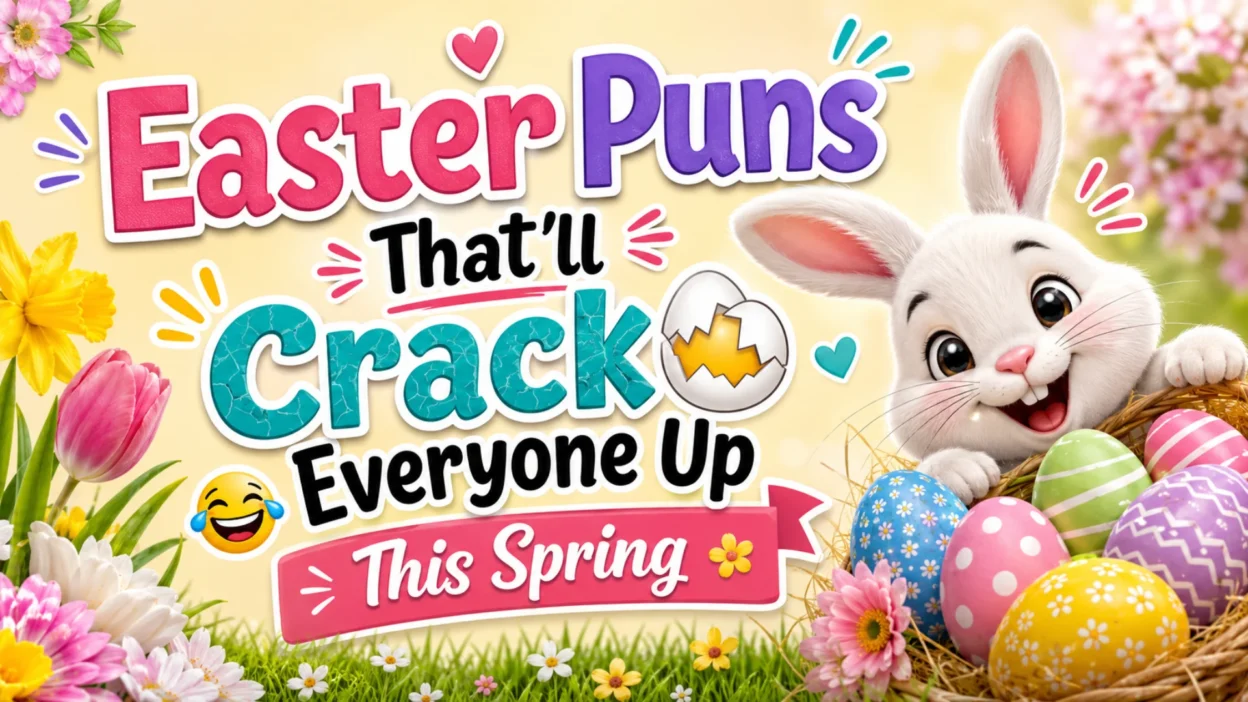 A cheerful Easter Bunny peeking from a basket of colorful decorated eggs with blooming spring flowers and the text "Easter Puns That'll Crack Everyone Up This Spring" on a bright pastel background.