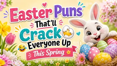 A cheerful Easter Bunny peeking from a basket of colorful decorated eggs with blooming spring flowers and the text "Easter Puns That'll Crack Everyone Up This Spring" on a bright pastel background.
