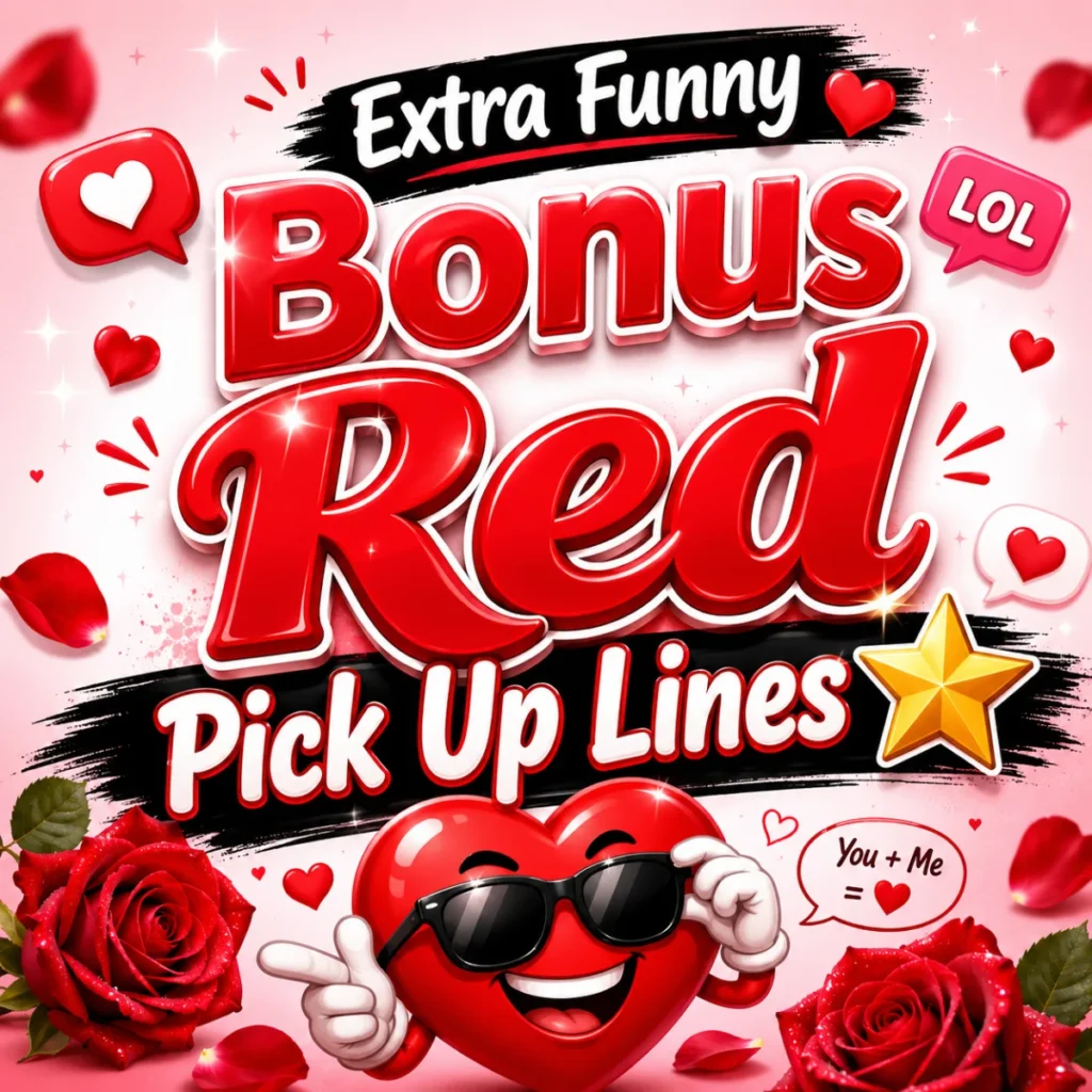 Colorful illustration of a smiling couple surrounded by red hearts, stars, and playful speech bubbles featuring extra funny bonus red pick up lines.